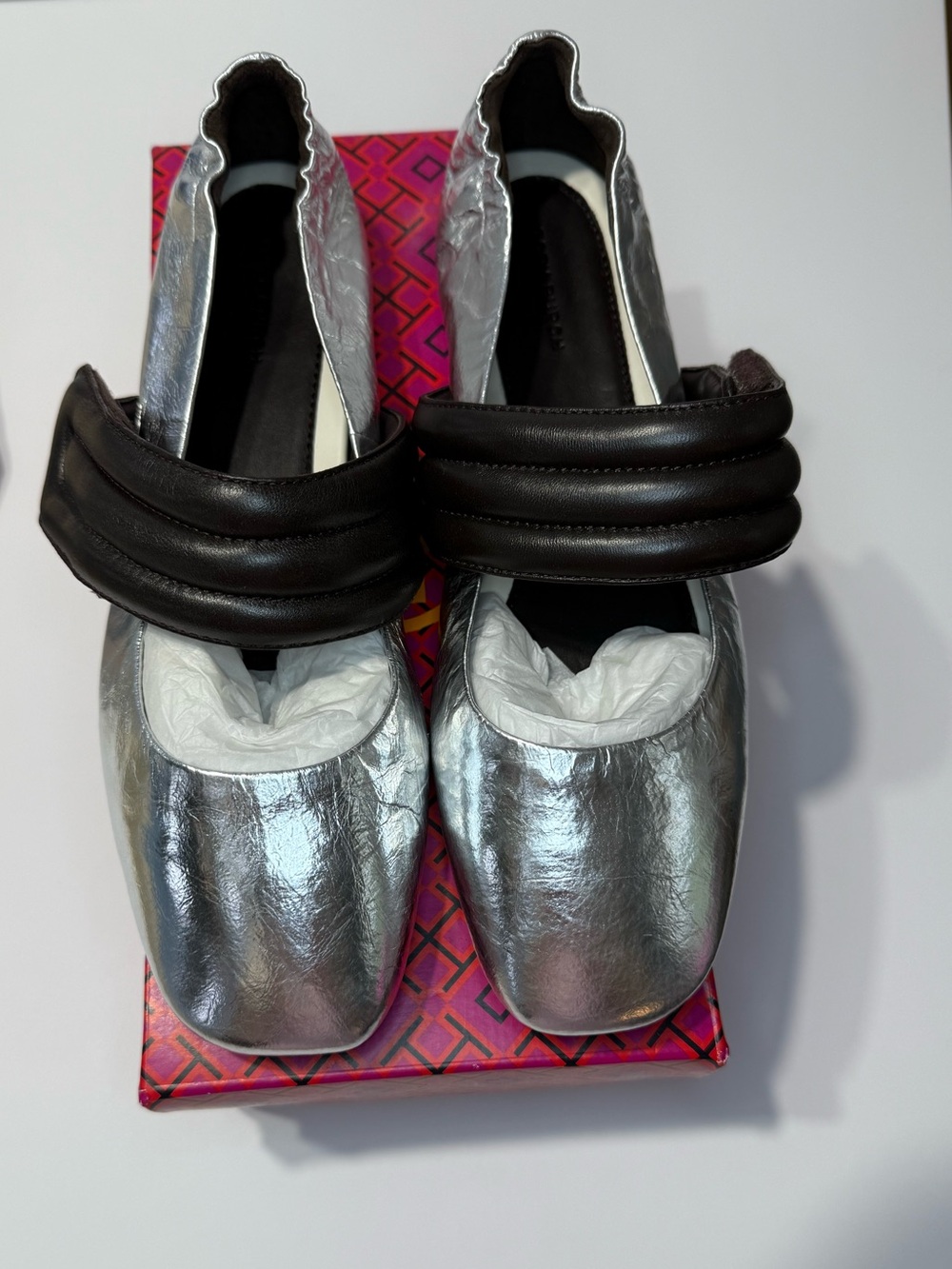 Tory Burch Silver Leather Flats with Black Strap
